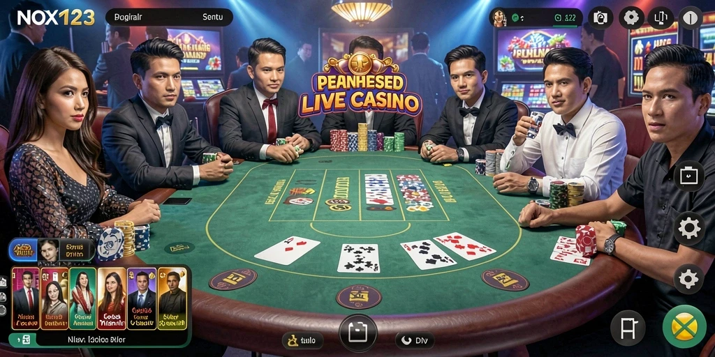 Screenshot gameplay NOX123 yang menampilkan dealer dan pemain dalam Live Casino.