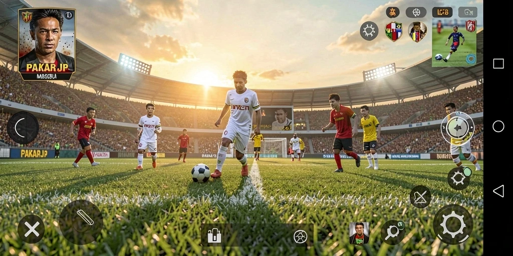 Tampilan utama PAKARJP, menunjukkan aksi seru dalam permainan sepak bola.