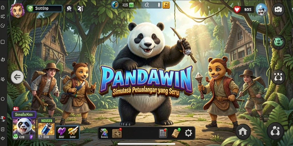 Screenshot menampilkan sekelompok panda lucu dalam habitat yang indah.