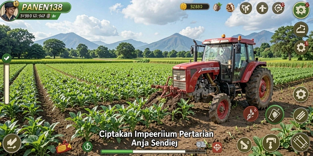Tampilan gameplay <strong>PANEN138</strong> dengan lahan pertanian yang luas dan aktivitas panen.
